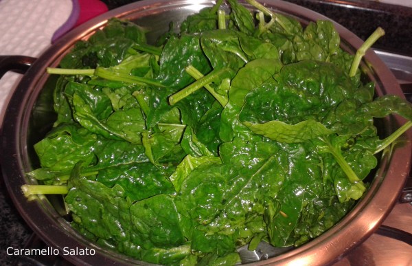 Lavare gli spinaci, metterli in una ampia padella ancora sgocciolanti e cuocere per 10 minuti. Strizzarli bene e passarli nel mixer