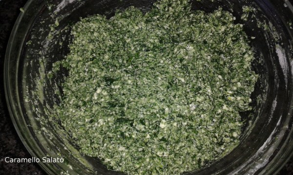 Unite gli spinaci, la ricotta, le uova, il grana, sale e pepe e amalgamare bene, in ultimo aggiungere la farina