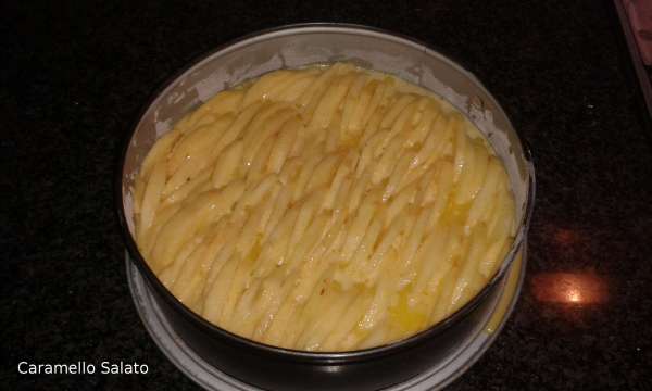 Infilate le mele in profondità nell'impasto formando una linea orizzontale partendo dal fondo e sovrapponendole per metà. Cercate di disporle molto vicine in modo da non far passare troppo impasto in mezzo. Alla fine infilate le mele dove rimangono spazi vuoti.Spennellate con il burro rimanente e informate a 180° per 30 minuti.