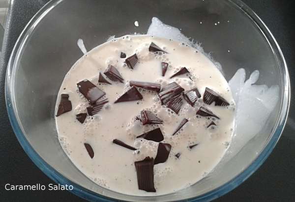 Spezzettare il cioccolato fondente, portare a sfiorare il bollore la panna e versarla sopra il cioccolato